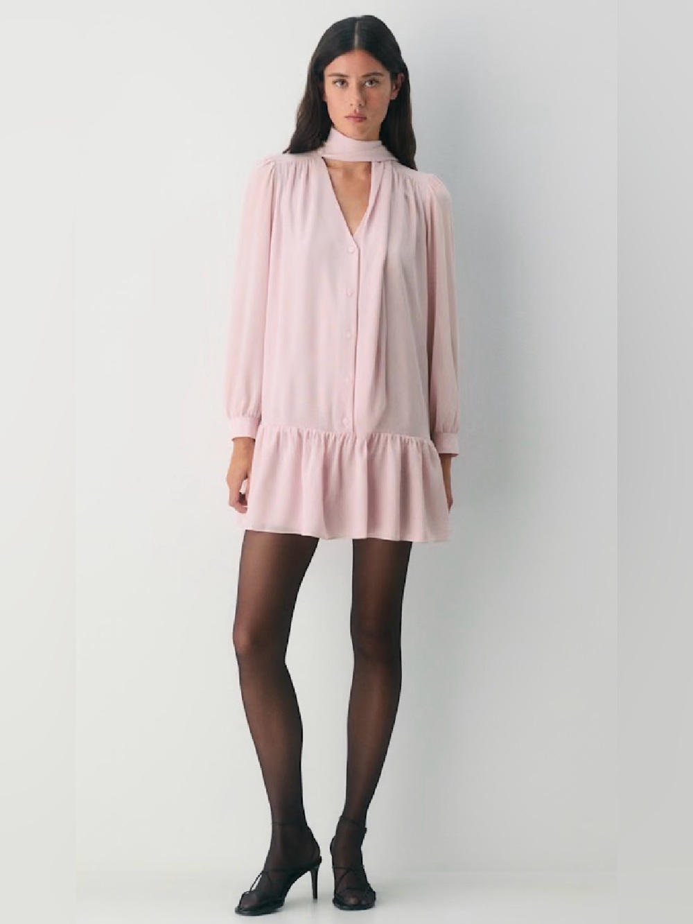 Aritzia Manor Dress in Dusty Pink Chiffon Mini Dress with Scarf Neck